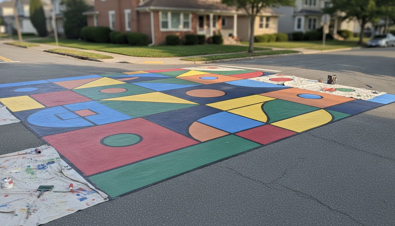 Pessoas pintando formas geométricas coloridas no asfalto de um cruzamento em um bairro residencial.