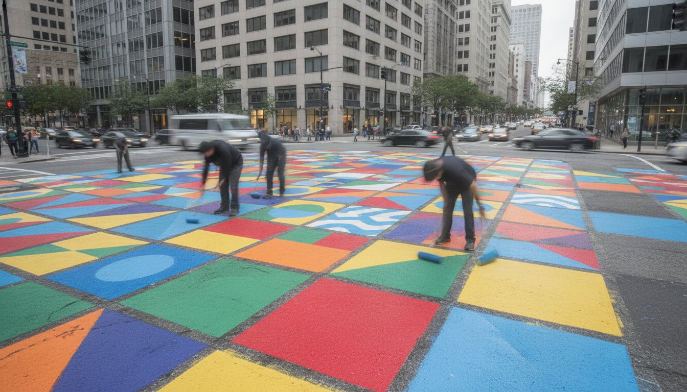Grupo de moradores pintando formas geométricas coloridas no cruzamento de uma rua movimentada da cidade.