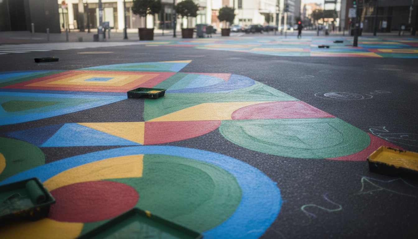 Moradores pintando o asfalto de um cruzamento com formas geométricas coloridas usando rolos de tinta.