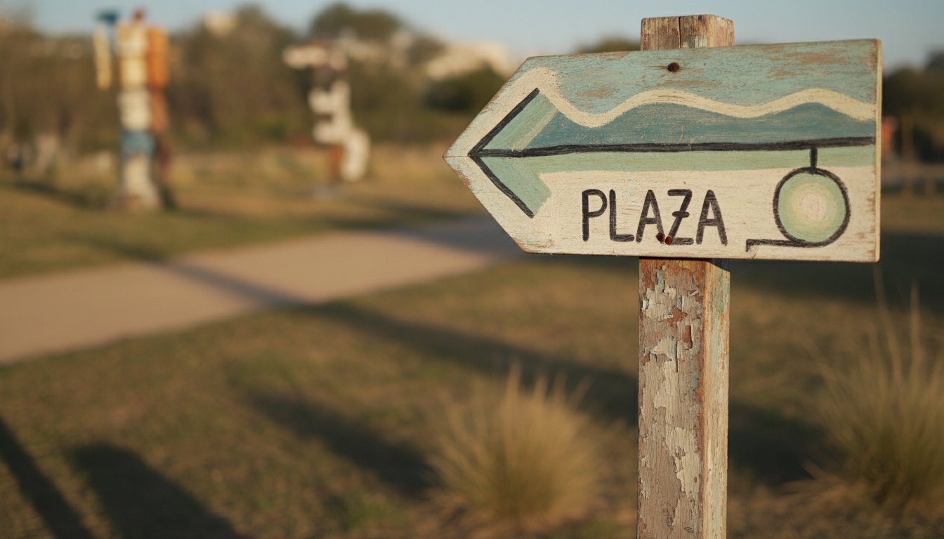 Placa de madeira pintada à mão presa em um poste indicando caminho para uma praça.