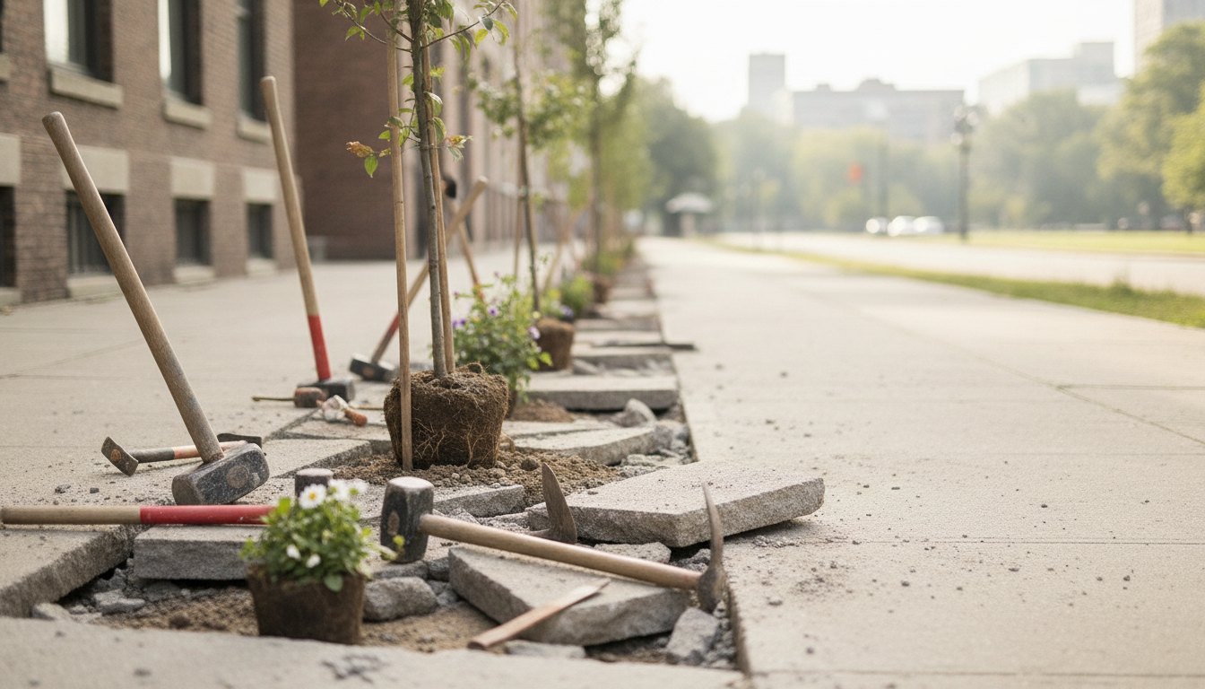 Moradores usando ferramentas manuais para quebrar o concreto de uma calçada e plantar mudas rústicas.
