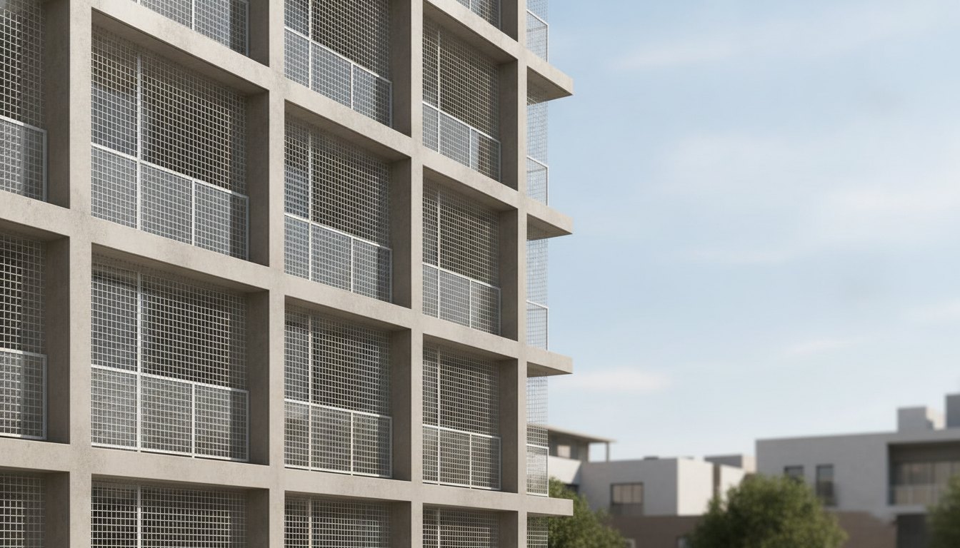 Fachada de prédio residencial com redes de proteção instaladas nas janelas das áreas de serviço.
