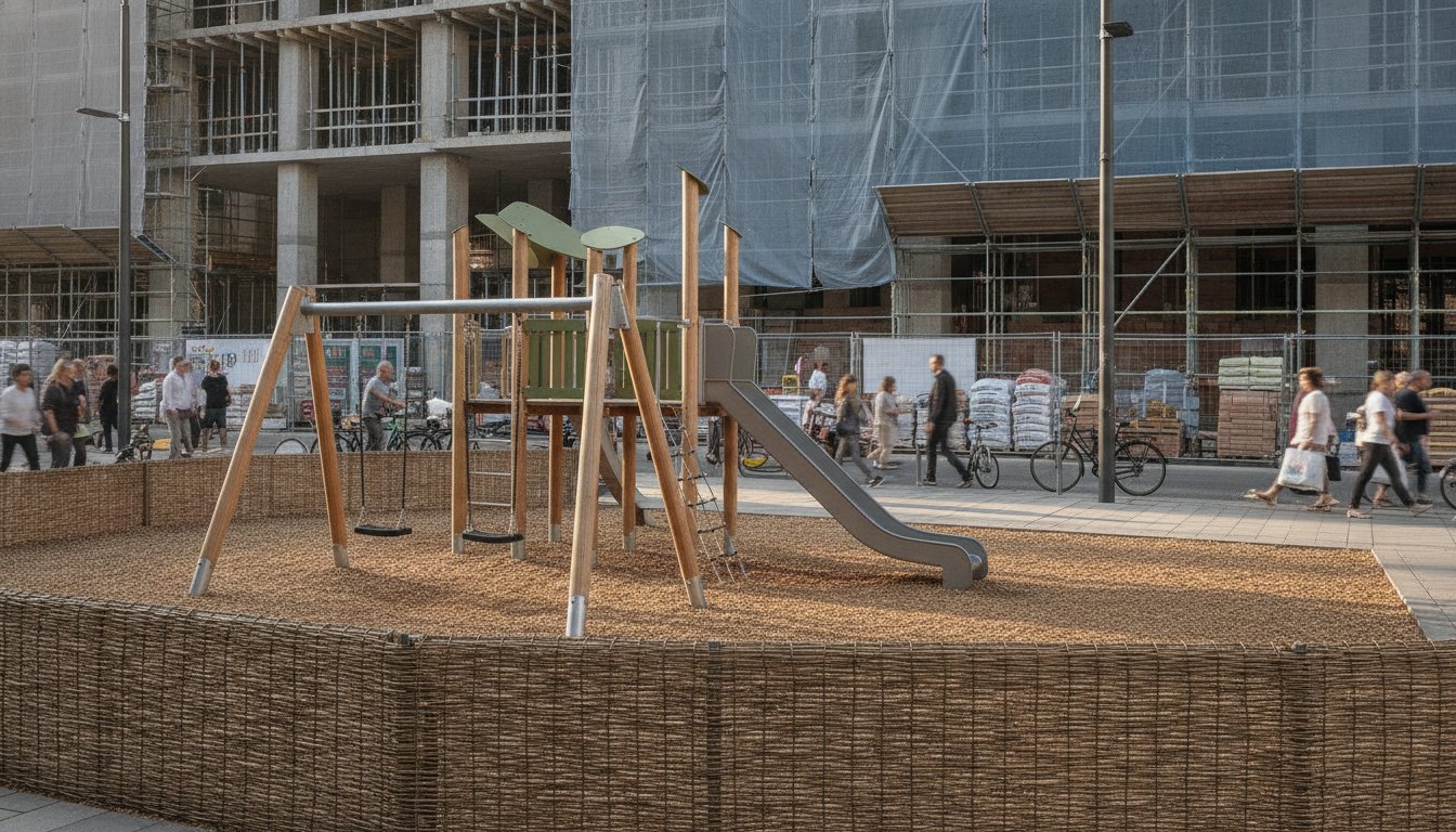 Crianças brincando em um playground cercado por rede de proteção próximo a uma calçada movimentada.