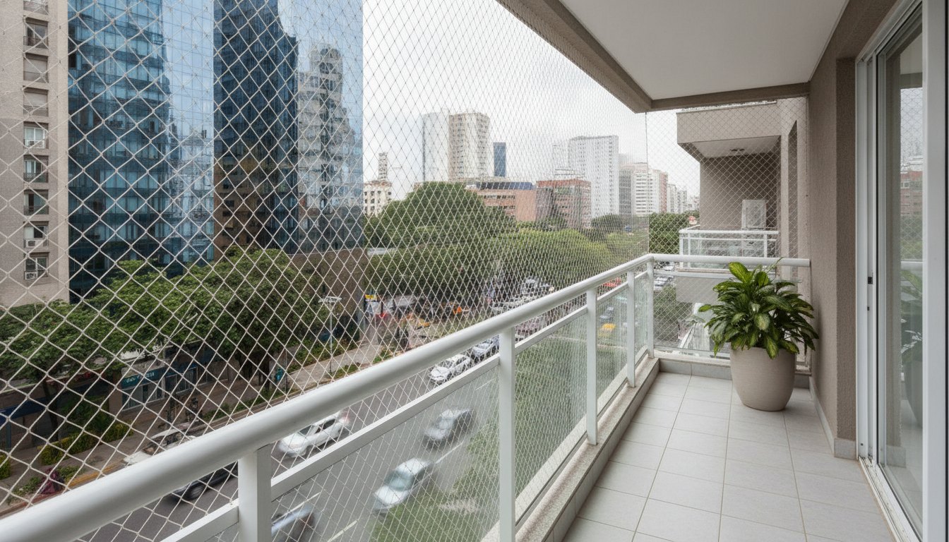 Rede de proteção instalada na varanda de um apartamento com vista para a rua movimentada.