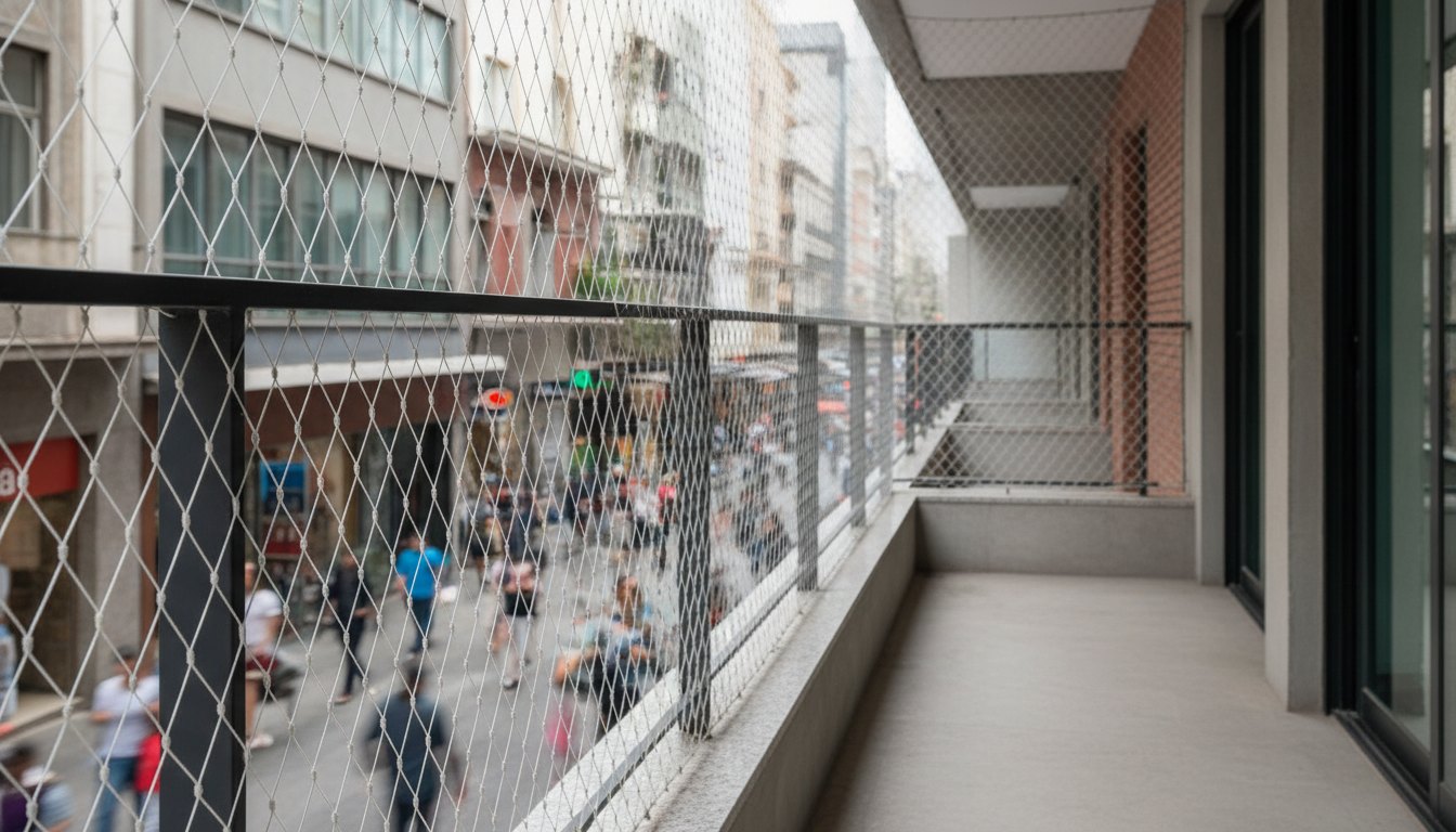 Rede de proteção instalada no guarda-corpo de um terraço comercial acima de uma calçada movimentada.