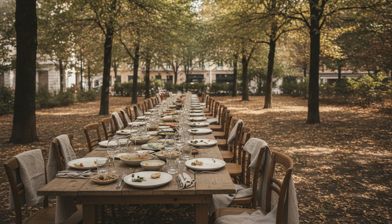 Longa mesa de madeira com pratos e travessas cercada por pessoas almoçando em uma praça arborizada.