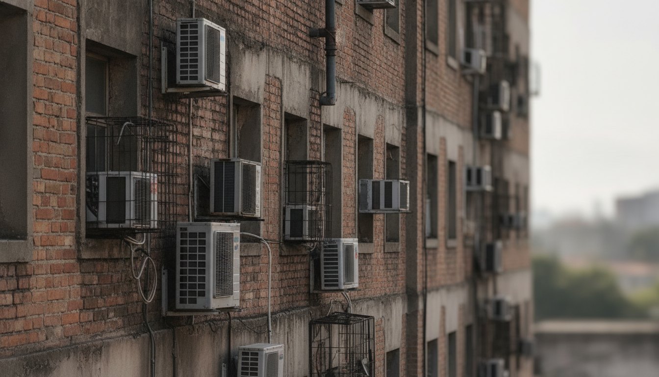 Aparelhos de ar condicionado instalados na fachada de um prédio residencial antigo de tijolos.