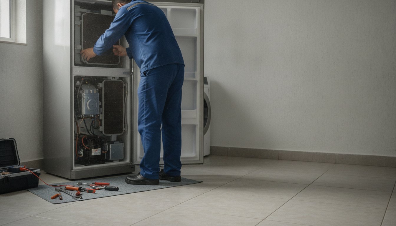 Técnico de uniforme azul consertando o motor de uma geladeira em uma área de serviço.