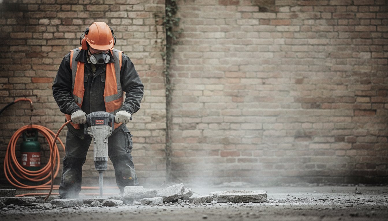 Operário com equipamento de proteção quebrando o concreto da calçada perto de um muro de tijolos.