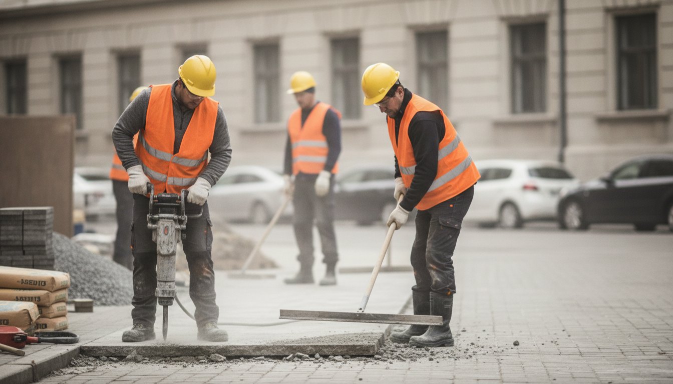 Pedreiros com equipamentos de proteção trabalhando na reforma de uma calçada de concreto.