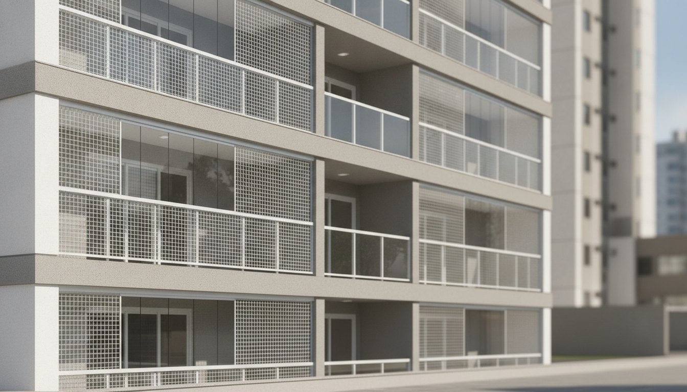 Fachada de prédio residencial com varandas envidraçadas e telas de proteção cobrindo os vãos abertos.