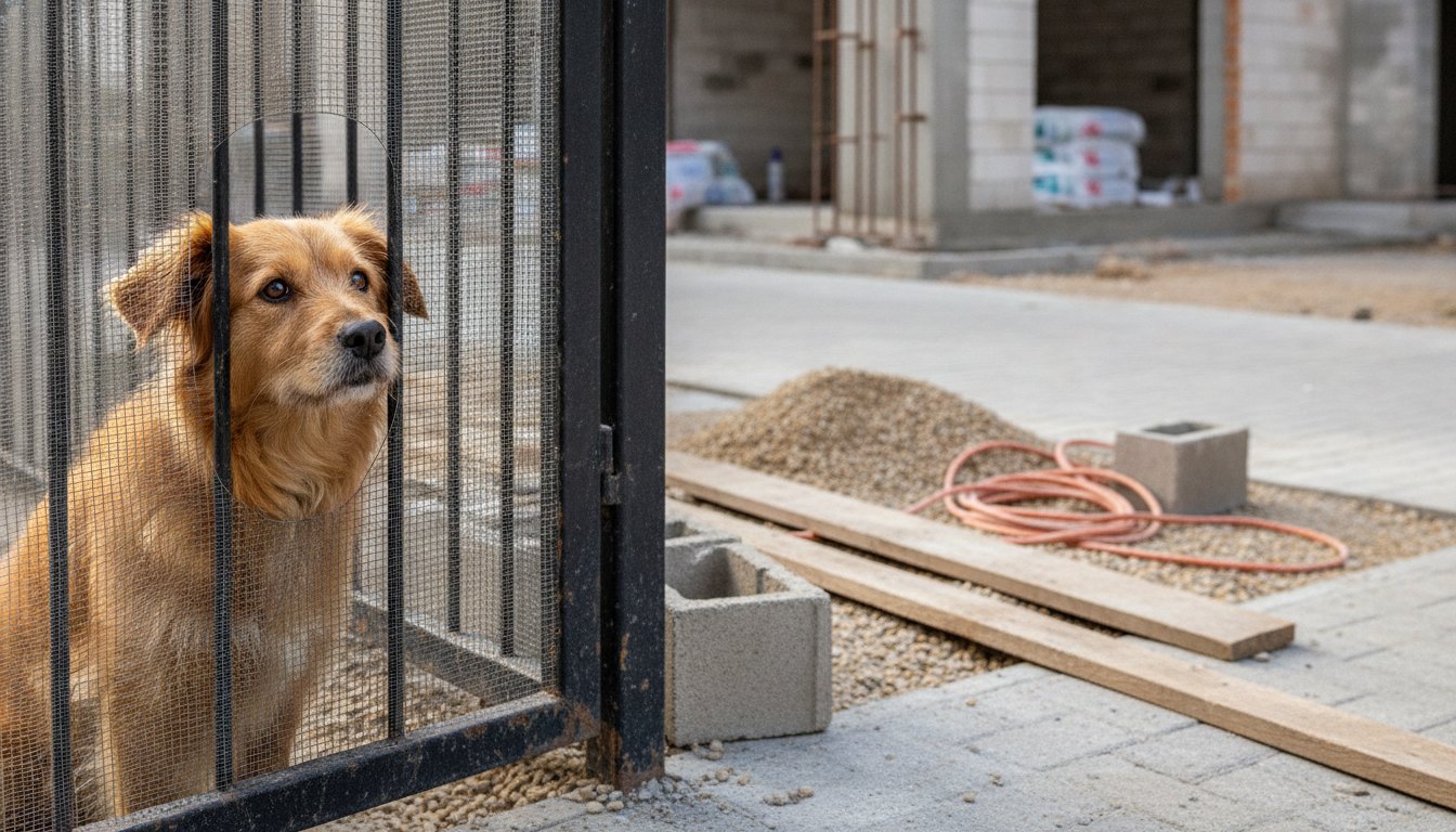 Cachorro olhando para a calçada através de um portão de metal coberto por rede transparente.