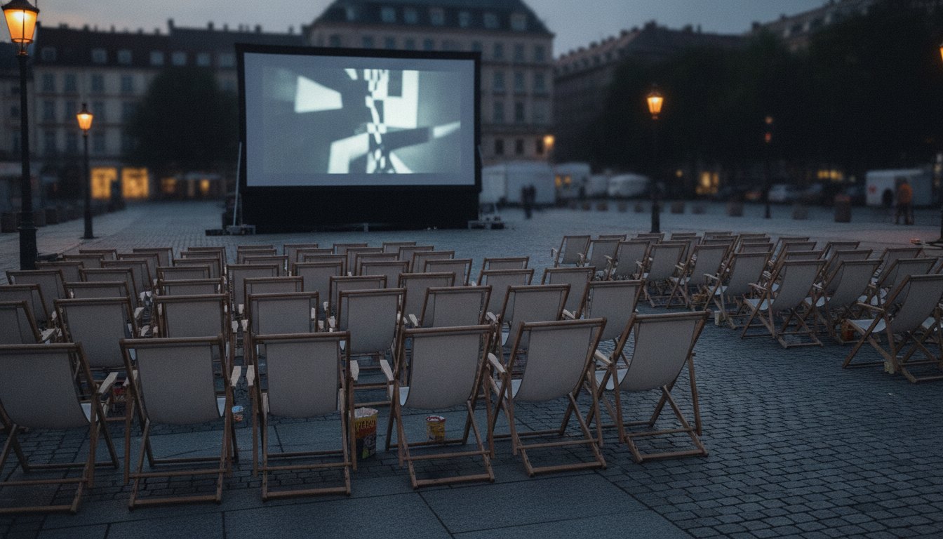 Pessoas sentadas em cadeiras de praia na praça à noite assistindo a um filme projetado.