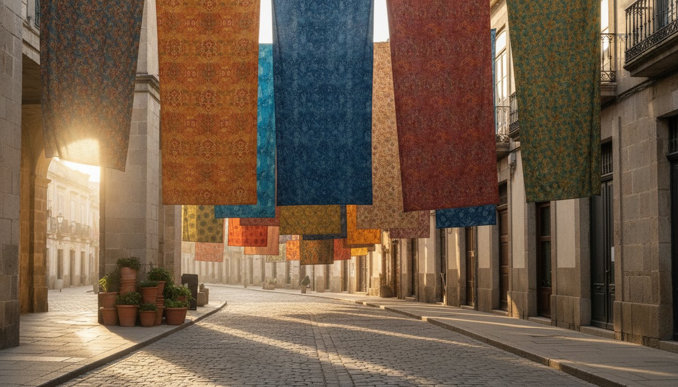 panos coloridos estendidos entre as fachadas de prédios sobre uma rua de pedestres ensolarada