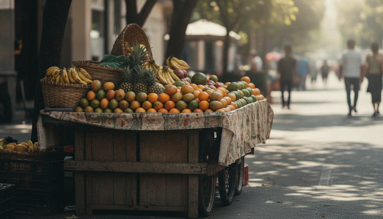 Trabalhador ambulante organizando sua barraca de frutas em uma calçada movimentada durante a tarde.