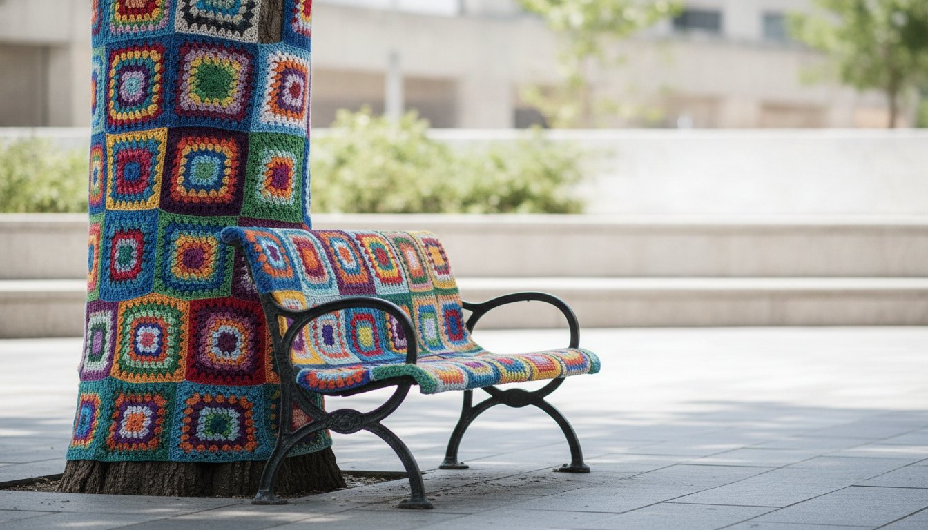 Tronco de árvore e banco de praça revestidos com peças de crochê coloridas em padrões geométricos.