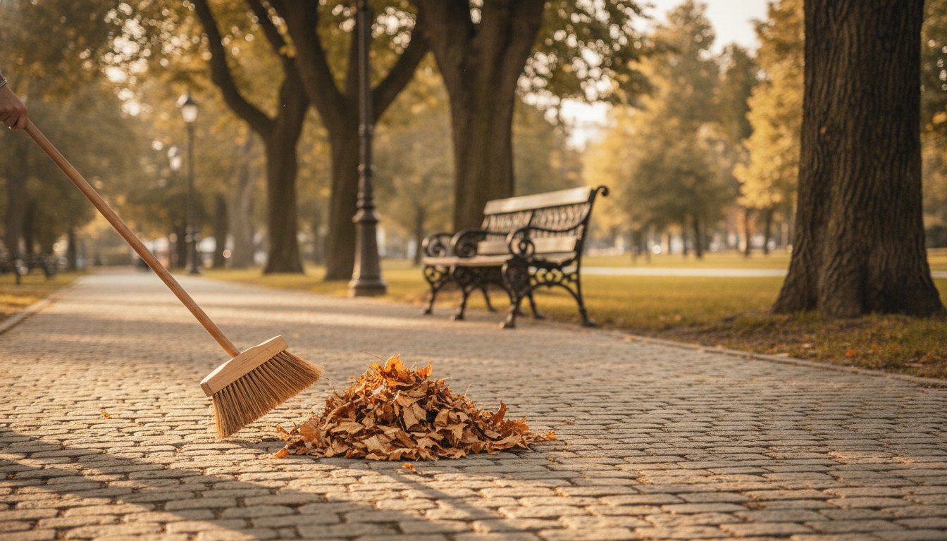 Morador varrendo as folhas secas da calçada de uma praça arborizada durante a tarde ensolarada.